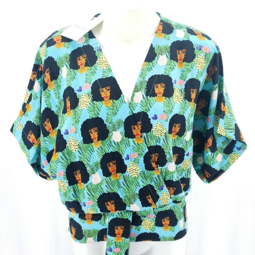 PEPALOVES Blouse Top Kimono Style Faux Wrap Funky Africa Print XS S